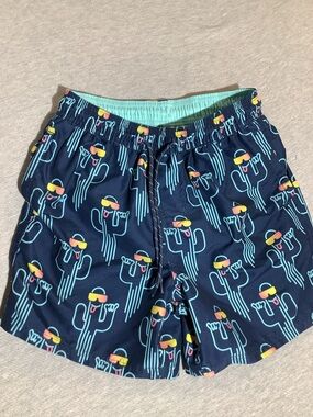 Navy Cactus Print Swim Shorts - Teal Lining Mens Size Small